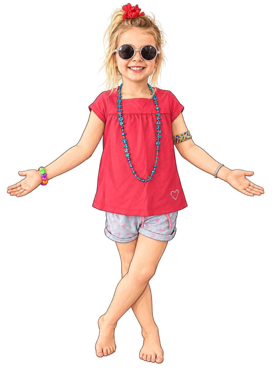 A cartoon of Annabelle smiling in round sunglasses, a red bow and red shirt, with her arms outstretched and legs crossed.